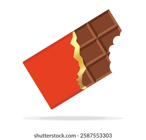 Bitten chocolate bar in opened red wrap and foil isolated on white background, dessert, vector illustration in flat style. Chocolate bar on white background. Milk chocolate bar.