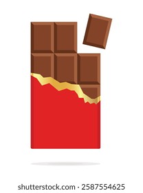 Bitten chocolate bar in opened red wrap and golden foil isolated on white background, dessert, vector illustration in flat style. Chocolate bar on white background. Milk chocolate bar.