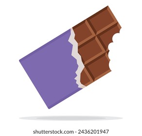 Bitten chocolate bar in opened violet wrap and foil isolated on white background, dessert, vector illustration in flat style. Chocolate bar on white background. Milk chocolate bar.