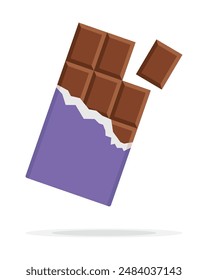 Barra de chocolate mordido en envoltura violeta abierta y papel de aluminio aislado sobre fondo blanco, postre, Ilustración vectorial en estilo plano. Barra de chocolate sobre fondo blanco. Barra de chocolate con leche.