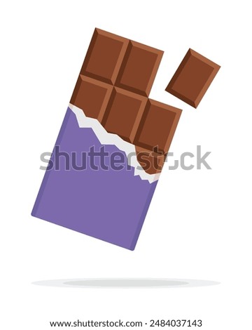 Bitten chocolate bar in opened violet wrap and foil isolated on white background, dessert, vector illustration in flat style. Chocolate bar on white background. Milk chocolate bar.
