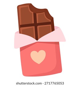 Bitten chocolate bar in pink wrapper with heart, sweet Valentine's treat, flat vector illustration.