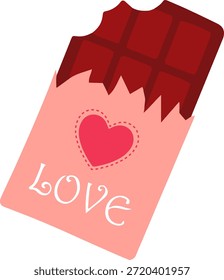 Barra de chocolate mordido en envoltura rosa con el corazón y el texto del amor, dulce romántico para el día de San Valentín, Ilustración vectorial plana