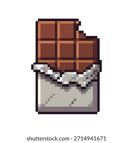 Barra de chocolate mordido en estilo pixel art con envoltura de papel de plata. Bocadillo de cacao dulce aislado sobre fondo blanco. Icono de comida de juego retro de 8 bits.