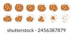 Bitten chocolate chip cookie. Crunch homemade brown biscuits broken with crumbs. Cartoon baked round choco cookies bite animation vector set. Illustration animation disappear choco crumb piece bakery