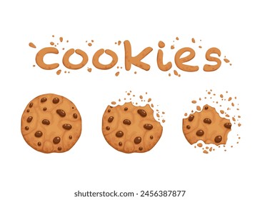 Bitten chocolate chip cookie. Crunch homemade brown biscuits broken with crumbs. Cartoon baked round choco cookies bite animation vector set. Illustration animation disappear choco crumb piece bakery