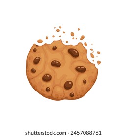 Bitten chocolate chip cookie. Crunch homemade brown biscuit broken with crumbs. Cartoon baked round choco cookie bite animation vector. Illustration animation disappear choco crumb piece bakery on