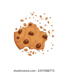 Galleta de chocolate picada. Galleta marrón casera crujiente rota con migas. Vector de animación de picadura de galleta de choco redondo al horno de dibujos animados. Ilustración animación desaparecer choco miga pedazo panadería en