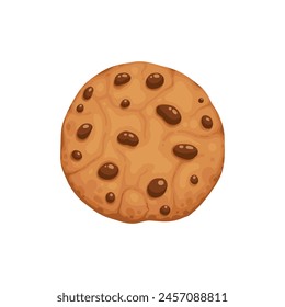 Bitten chocolate chip cookie. Crunch homemade brown biscuit broken with crumbs. Cartoon baked round choco cookie bite animation vector. Illustration animation disappear choco crumb piece bakery on