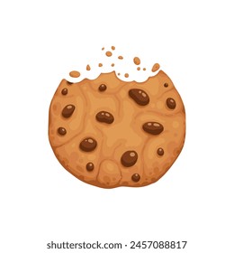 Bitten chocolate chip cookie. Crunch homemade brown biscuit broken with crumbs. Cartoon baked round choco cookie bite animation vector. Illustration animation disappear choco crumb piece bakery on