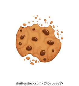 Galleta de chocolate picada. Galleta marrón casera crujiente rota con migas. Vector de animación de picadura de galleta de choco redondo al horno de dibujos animados. Ilustración animación desaparecer choco miga pedazo panadería en