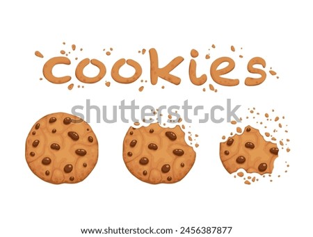 Bitten chocolate chip cookie. Crunch homemade brown biscuits broken with crumbs. Cartoon baked round choco cookies bite animation vector set. Illustration animation disappear choco crumb piece bakery
