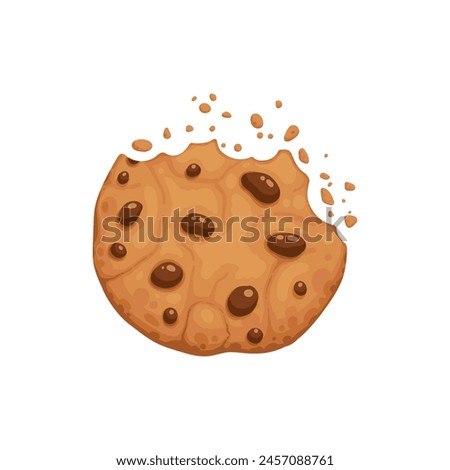 Bitten chocolate chip cookie. Crunch homemade brown biscuit broken with crumbs. Cartoon baked round choco cookie bite animation vector. Illustration animation disappear choco crumb piece bakery on