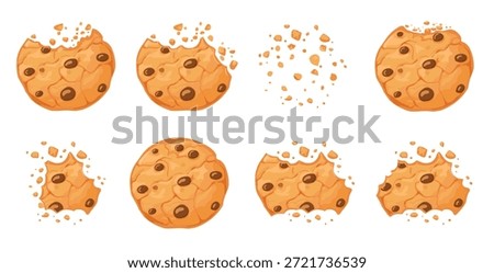 Bitten chocolate chip cookie. Crunch homemade brown biscuits broken with crumbs. Cartoon baked round choco cookies bite animation vector set. Illustration animation disappear choco crumb piece bakery