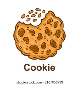 Bitten chocolate chip cookie. Oatmeal biscuit dessert. Web cookies tracking, accept website user data security. Internet protection personal information. Bite crunchy pastry. Homemade baking. Vector