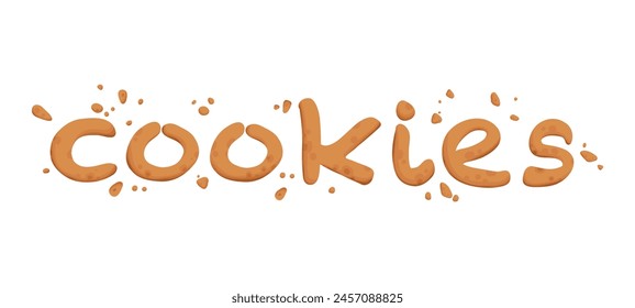 Bitten chocolate chip cookie text letters. Crunch homemade brown biscuits broken with crumbs. Cartoon baked round choco cookies bite animation vector. Illustration animation disappear choco crumb