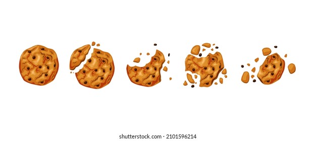 Bitten chocolate chip cookies. Baked round cookies with chocolate chips bite animation set. Cartoon vector illustration.