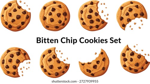  Galletas de chispas de chocolate mordidas con varias marcas de mordida, textura crujiente, migas dispersas, iconos de bocadillos aislados para uso de diseño