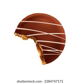 Bitten chocolate cookie with vanilla strips top view realistic vector illustration