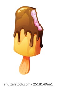 Bitten chocolate covered ice cream stick with rich dripping topping. Vector cartoon illustration