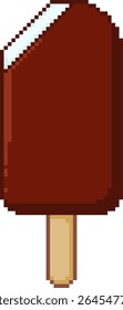 Bitten chocolate ice cream bar in pixel art style on white background. Fun and nostalgic frozen treat. Vector illustration.