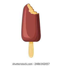 Bitten Chocolate ice cream on a stick. Delicious dessert Cool refreshing dessert. Hand drawn flat style isolated cheerful and summery appearance, whipped frozen chocolate cream. Vector illustration 