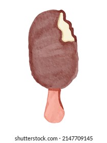 Bitten Chocolate Ice Cream Stick Illustration with Watercolor Style