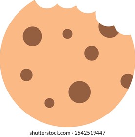 Bitten cookie with chocolate chips, round shape, irregular edge, simple design.