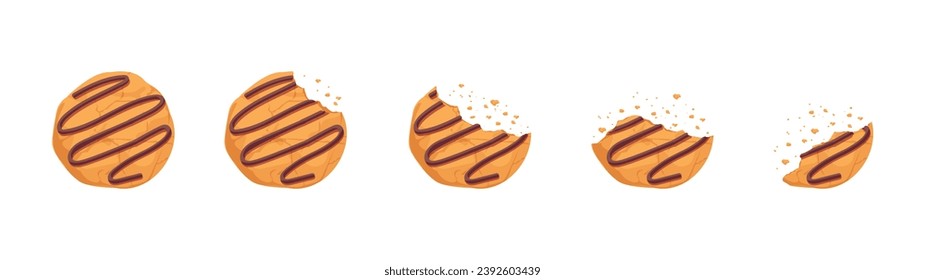 Bitten cookie set. Dessert and delicacy with chocolate pieces. Homemade pastry and bakery. Symbol of holidays and festivals. Cartoon flat vector collection isolated on white background