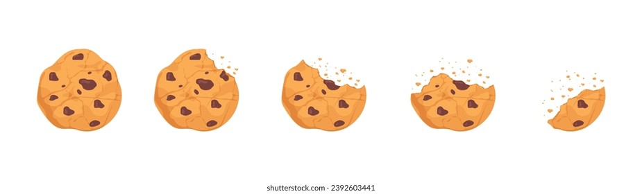 Bitten cookie set. Dessert and delicacy with chocolate pieces. Homemade pastry and bakery. Graphic element for website. Cartoon flat vector collection isolated on white background