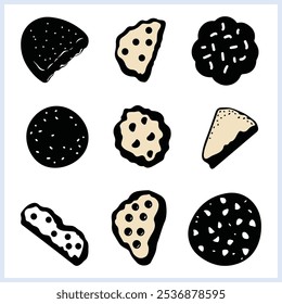 Bitten cookie silhouette set, Tasty biscuits vector illustration on isolated background, Icon of chocolate bakery item doodles