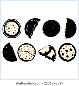 Bitten cookie silhouette set, Tasty biscuits vector illustration on isolated background, Icon of chocolate bakery item doodles