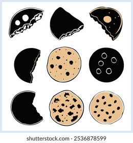 Bitten cookie silhouette set, Tasty biscuits vector illustration on isolated background, Icon of chocolate bakery item doodles