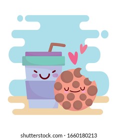 galleta mordida y taza suave personaje de menú caricatura comida linda ilustración vectorial