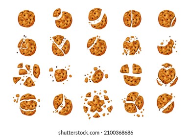 Bitten cookies with chocolate chips big set on a white isolated background. Freshly baked dessert. Vector cartoon illustration.