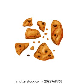 Galletas mordidas con chips de chocolate. Postre roto. Ilustración de dibujos animados sobre un fondo blanco aislado.