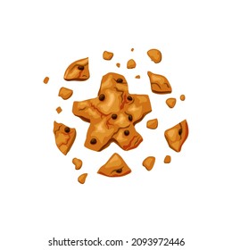 Bitten cookies with chocolate chips. Broken cookie in the form of a star. Vector cartoon illustration.