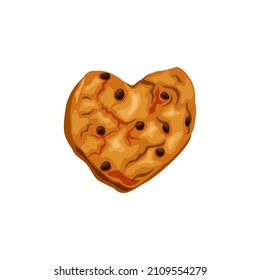 Bitten cookies with chocolate chips. Cookie heart. Vector cartoon illustration
