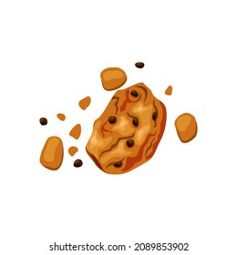 Bitten cookies with chocolate chips on a white isolated background. Icon. Crumbled dessert. Vector cartoon illustration.