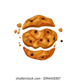 Bitten cookies with chocolate chips on a white isolated background. Broken into three halves. Crumbled. Vector cartoon illustration.