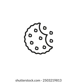 Bitten cookies with crumbs. Round cookie icon. Biscuit and cracker symbol. Outline vector illustration on white background. 
