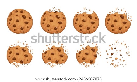 Bitten cookies. Tasty crumble dessert chipped cookies collection on white background