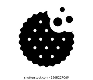 Bitten cracker silhouette with crumbs. Sweet or salty biscuit cookie in round shape. Popular crunchy snack isolated on white background. Vector graphic illustration.