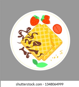 Bitten crispy waffles with chocolate and strawberry on saucer. Illustration of eating for breakfast wafer biscuit. Vector dessert for the design of the menu of the bakery or cafe.