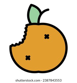 Vector de contorno de icono de manzana con peligro de mordida. Bacterias de carne. Color del alimento del virus
