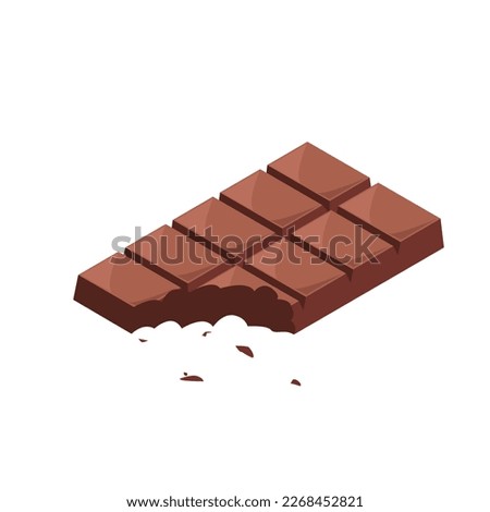 Bitten dark chocolate bar or milk chocolate bar vector illustration isolated on white background. Half eaten square brown chocolate in isometric style vector design. Brown chocolate 3d vector cartoon