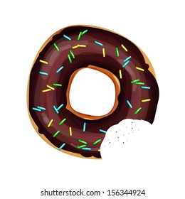 bitten donut with chocolate and rainbow sprinkles