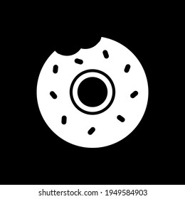 Bitten donut dark mode glyph icon. Glazed doughnut with bite mark. Sweet dessert with frosting and sprinkle. Unhealthy food. White silhouette symbol on black space. Vector isolated illustration