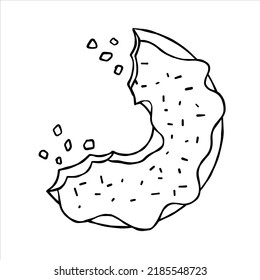 Bitten Donut with glaze. Sweet sugar dessert with icing. Outline cartoon illustration