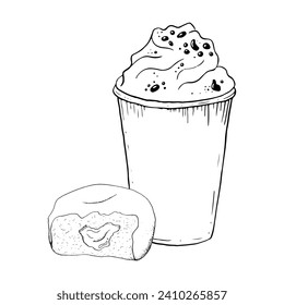 Bitten donut and milkshake with whipped cream and chocolate chips vector black and white graphic illustration. Cold summer drink and sweet delicious dessert